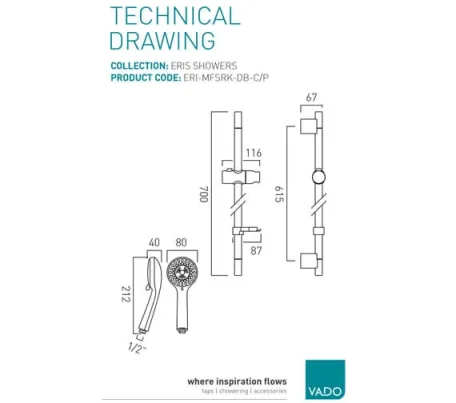 Vado Eris Slide Rail Shower Kit With Round 3 Function Rub-clean Shower Handset, 700mm Slide Rail And 150cm Shower Hose Chrome technical drawing - Image 2