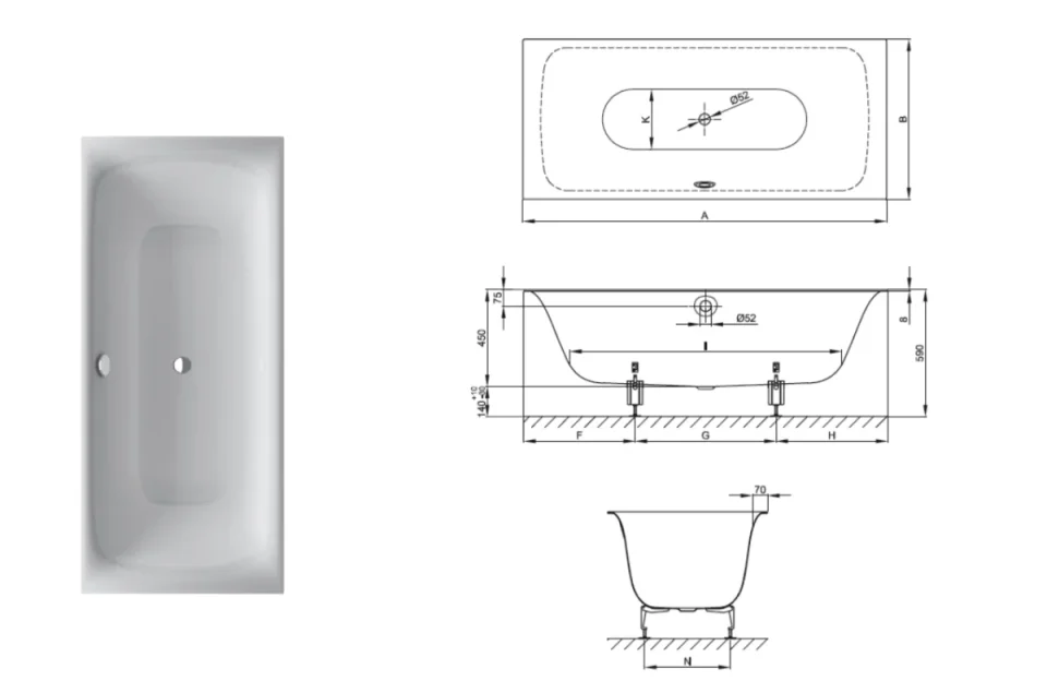 Bette Lux 1700 750mm White technical drawing - Image 2
