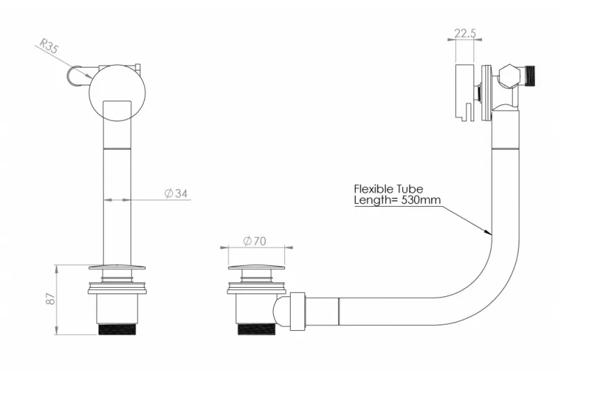 Saneux Cos Bath Filler, Overflow & Clicker Waste - Matte Black technical drawing - Image 2