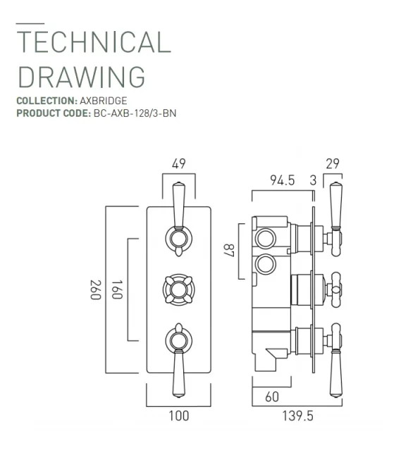 Booth & Co. 3 Outlet, 3 Handle Concealed Thermostatic Valve Bright Nickel & Crackled White technical drawing - Image 2