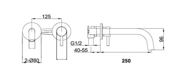Just Taps Vos Single Lever Wall Mounted Basin With 250mm Spout Matt Black technical drawing - Image 2