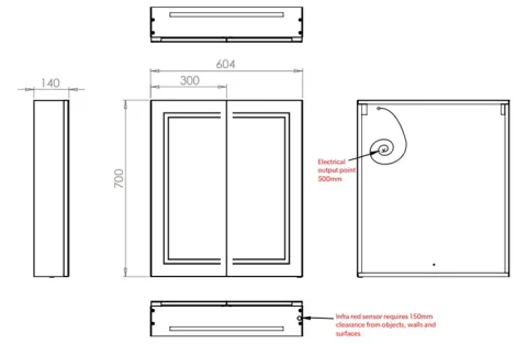 Hib Edge 60 Steam Free Cabinet W60 X H70 X D14cm technical drawing - Image 2