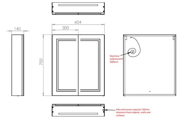 Hib Edge 60 Steam Free Cabinet W60 X H70 X D14cm technical drawing - Image 2