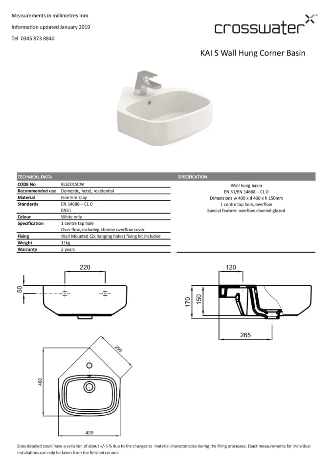 Crosswater Kai S Corner Basin With Overflow White technical drawing - Image 4