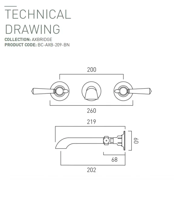 Booth & Co. Wall Mounted Basin Mixer Bright Nickel & Crackled White technical drawing - Image 2