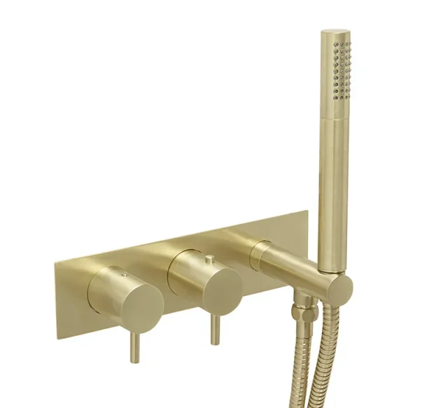 Just Taps Vos Thermostatic Concealed 2 Outlet Shower Valve With Attached Handset Brushed Brass product image - Image 1