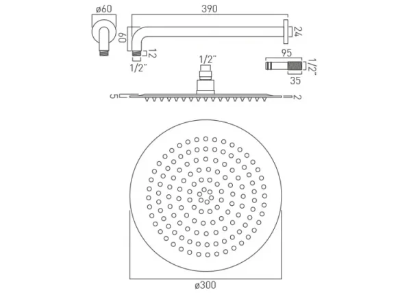 Vado Aquablade 300mm (12") Round Easy Clean Slimline Shower Head With Arm Chrome technical drawing - Image 2
