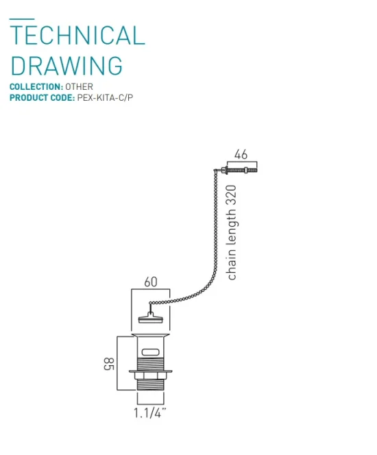 Vado Axces Basin Waste Metal Plug And Chain 1.1/4" Chrome technical drawing - Image 4