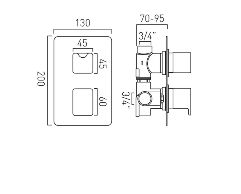 Vado Dx Phase 1 Outlet 2 Handle Concealed Thermostatic Valve Chrome technical drawing - Image 2