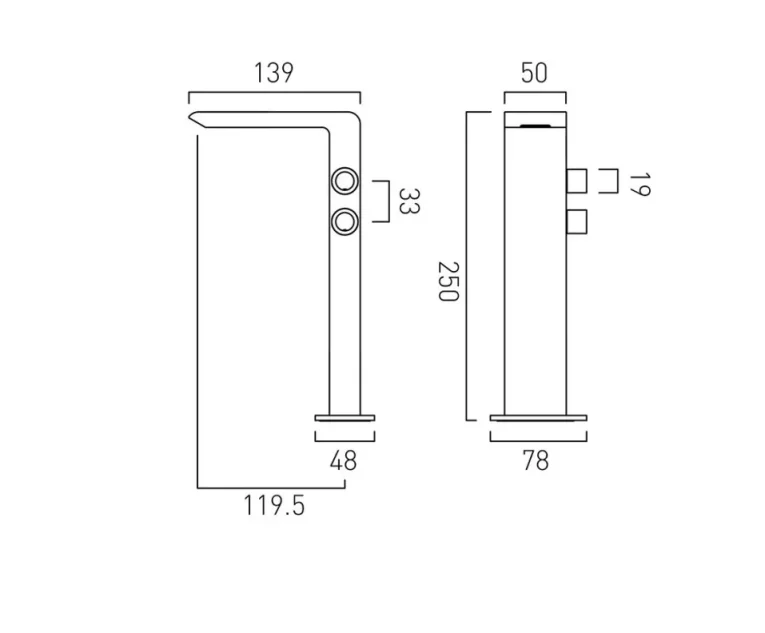 Vado Omika Extended Mono Basin Mixer Without Universal Waste Chrome technical drawing - Image 2