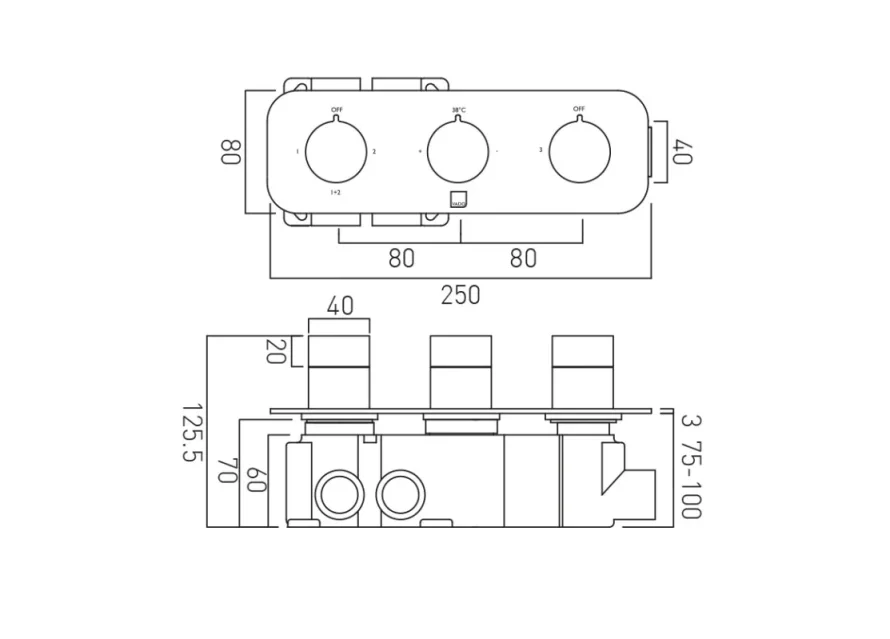 Vado Individual Tablet Altitude Horizontal Concealed 3 Outlet, 3 Handle Thermostatic Valve With All-flow Function Brushed Black technical drawing - Image 2
