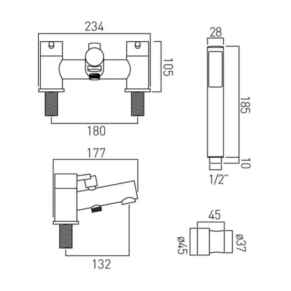 Vado Zoo 2 Hole Bath Shower Mixer Deck Mounted With Shower Kit Chrome technical drawing - Image 3