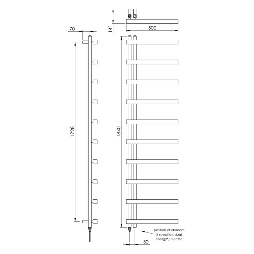 Vogue Keys II Towel Radiator Dual Energy - Chrome 1080X500 detail view - Image 2