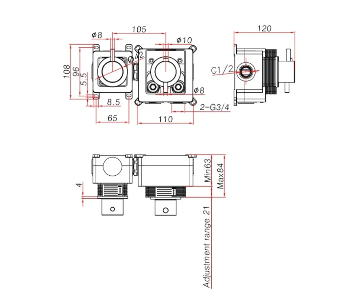 Ava Trend 1 Way 2 Handle Thermostatic Valve W/ Flanges - Polished Stainless Steel technical drawing - Image 3