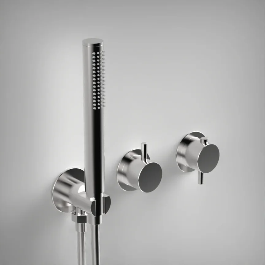 Ava Trend 2 Way 2 Handle Thermostatic Valve With Built In Hand Shower W/3 Hole Flanges - Polished Stainless Steel product image - Image 1