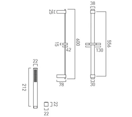 Vado Individual Square Slide Rail Shower Kit With Single-function Shower Handset 600mm Slide Rail And Hose Brushed Gold technical drawing - Image 2