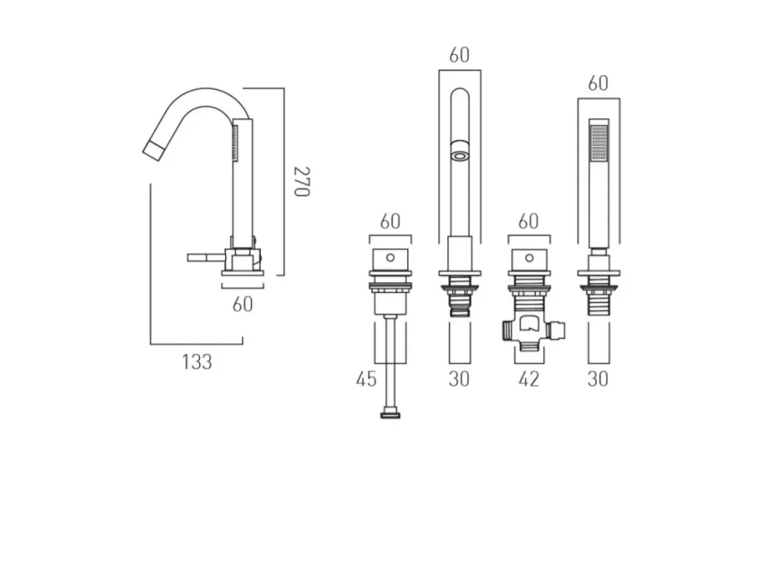Vado Zoo 4 Hole Bath Shower Mixer Single Lever Deck Mounted Chrome technical drawing - Image 2