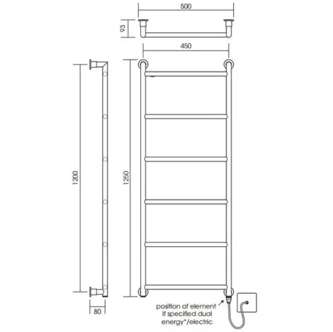Vogue Vivid Towel Radiator Dual Energy - Chrome 1250X500 technical drawing - Image 2