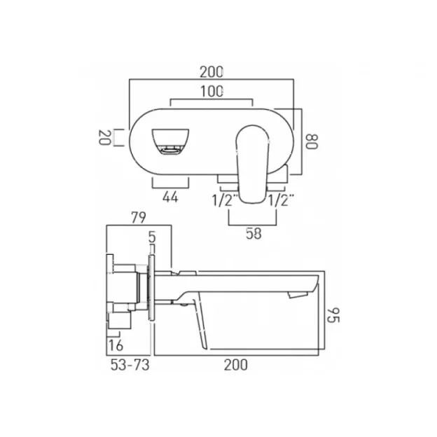 Vado Photon 2 Hole Basin Mixer Single Lever Wall Mounted With Oval Back Plate And Honeycomb Flow Regulator Chrome technical drawing - Image 3