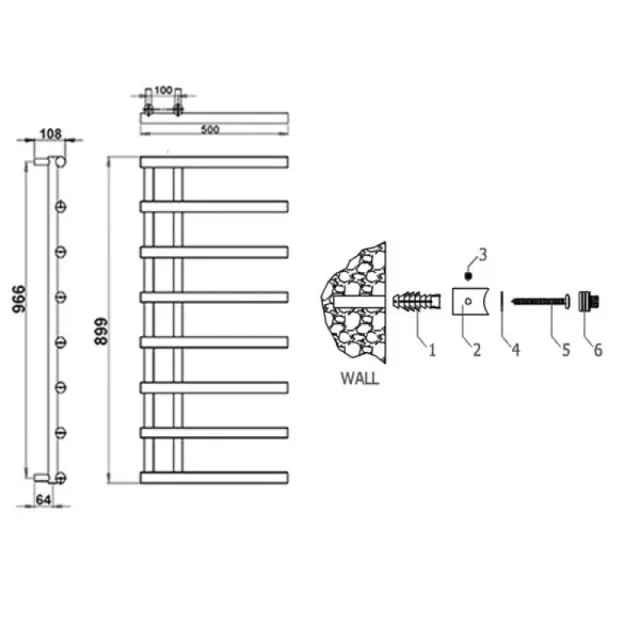 Reina Matera Designer Radiator - 998 X 500 Chrome technical drawing - Image 3