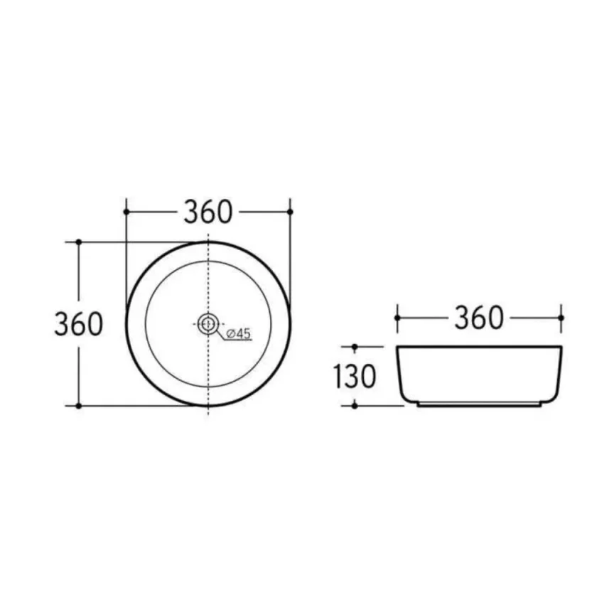 Cubico Dreadnought White Ceramic Basin 360x360x130 technical drawing - Image 2