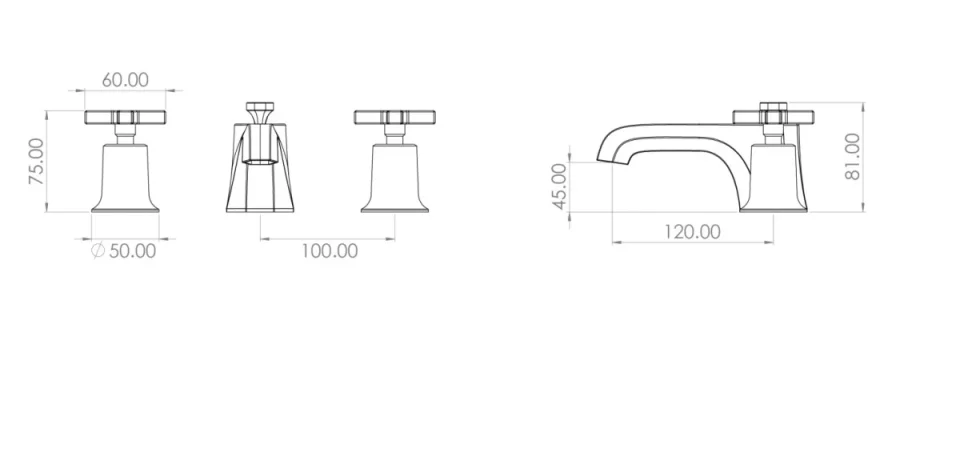 Saneux Cromwell 3 Piece Cross Handle Basin Mixer & Waste - Chrome technical drawing - Image 2