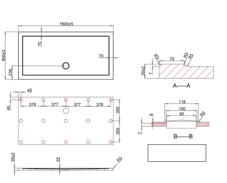 Crosswater Rectangular 35mm Acrylic Shower Tray 800 x 1600mm technical drawing - Image 2