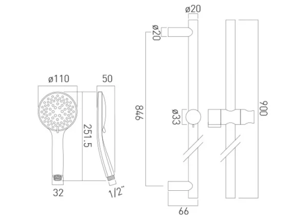 Vado Atmosphere Slide Rail Shower Kit With Air-injected Multi-function Handset 900mm Slide Rail And Smoothflex Anti-twist Silver Hose Chrome technical drawing - Image 4