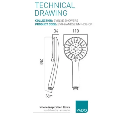 Vado Evolve 110mm Round 4 Function Rub Clean Shower Handset With Pause Function Chrome technical drawing - Image 2