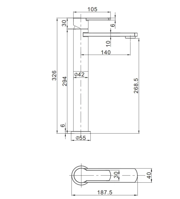 Crosswater Wisp Tall Monobloc Basin Mixer Tap without Waste Matt Black technical drawing - Image 2