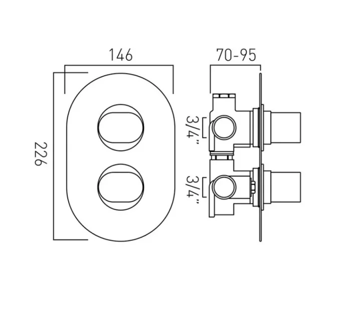 Vado Dx Life 2 Outlet 2 Handle Concealed Thermostatic Valve Chrome technical drawing - Image 2