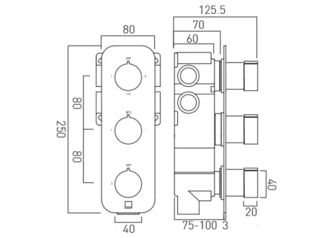 Vado Tablet Altitude 3 Outlet 3 Handle Concealed Thermostatic Valve Vertical Chrome technical drawing - Image 3