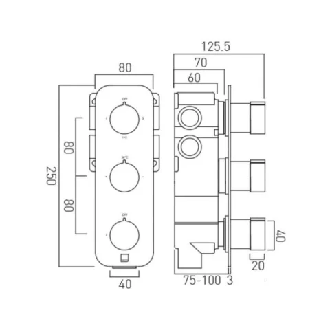 Vado Tablet Altitude 3 Outlet 3 Handle Concealed Thermostatic Valve Vertical Chrome technical drawing - Image 5