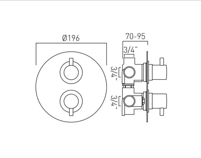 Vado Dx Celsius 3 Outlet 2 Handle Concealed Thermostatic Valve Round Backplate Chrome technical drawing - Image 2