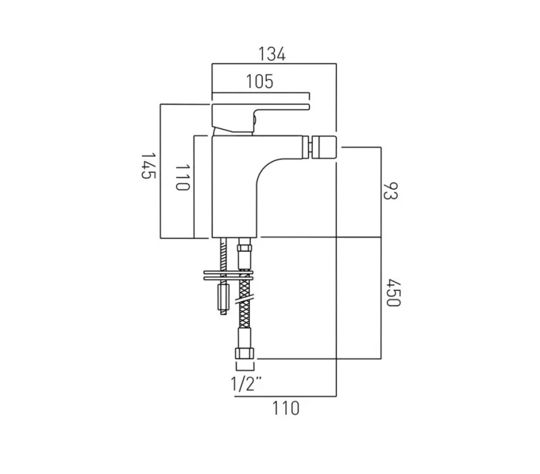 Vado Life Mono Bidet Mixer Smooth Bodied Single Lever Deck Mounted Without Pop-up Waste Chrome technical drawing - Image 2