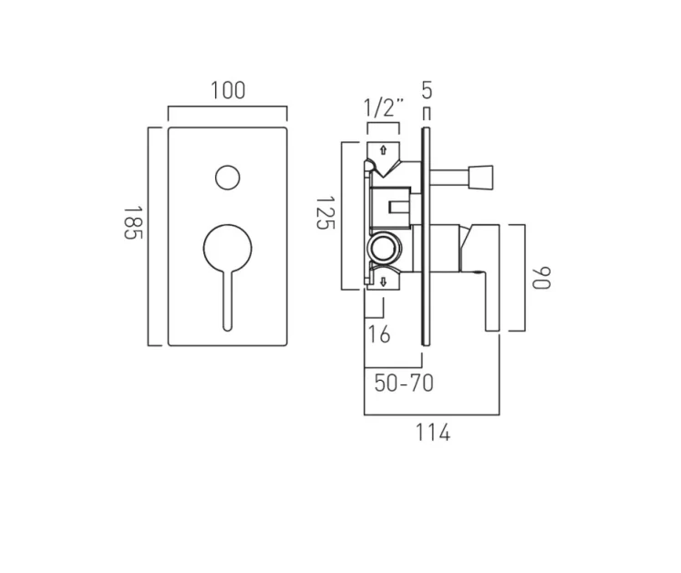 Vado Edit 2 Outlet Single Lever Concealed Manual Valve With Diverter Chrome technical drawing - Image 2