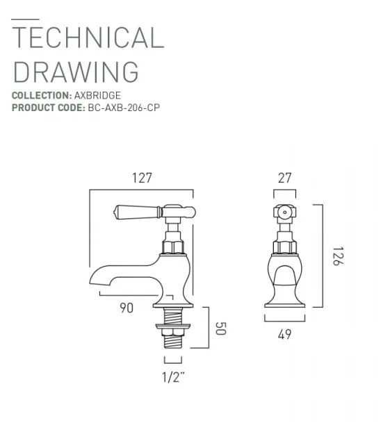 Booth & Co. Basin Pillar Taps Chrome & White technical drawing - Image 2