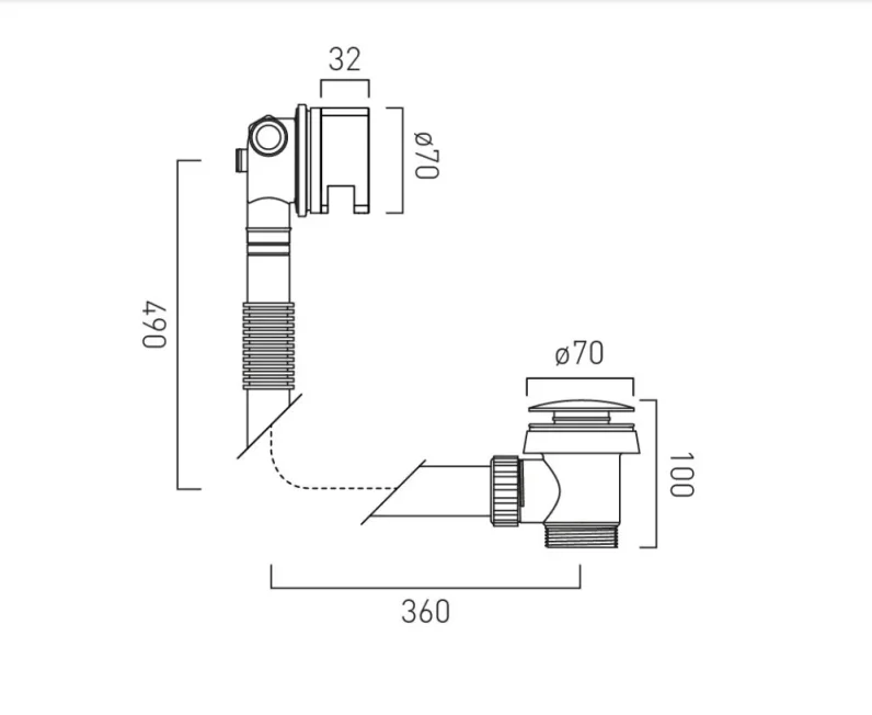 Vado Square Clic-clac Bath Filler Waste And Overflow Chrome technical drawing - Image 2
