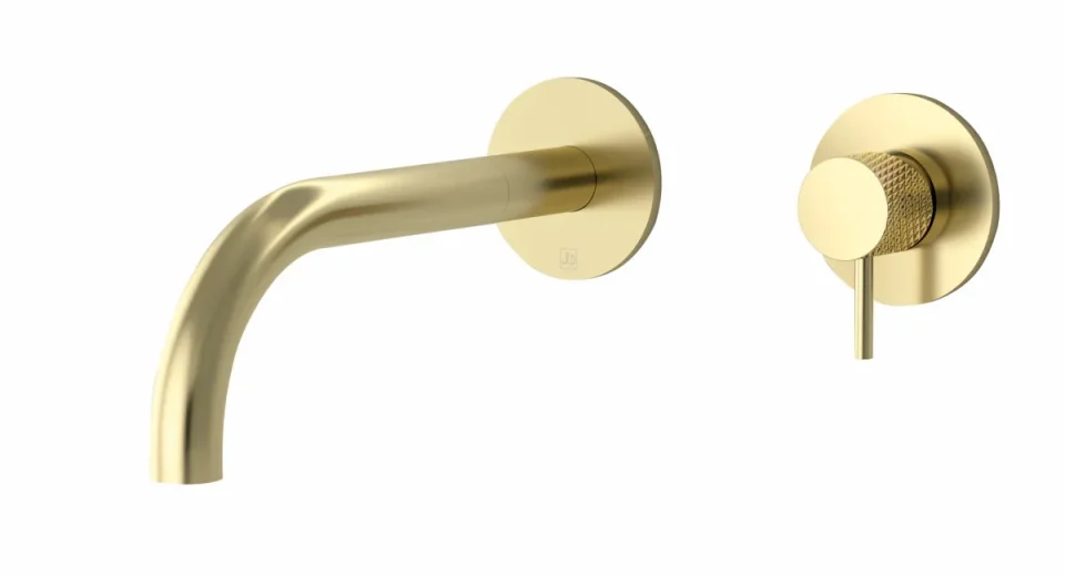 Just Taps Vos Single Lever Wall Mounted Basin Mixer Brushed Brass Slim Spout With Designer Handle product image - Image 1