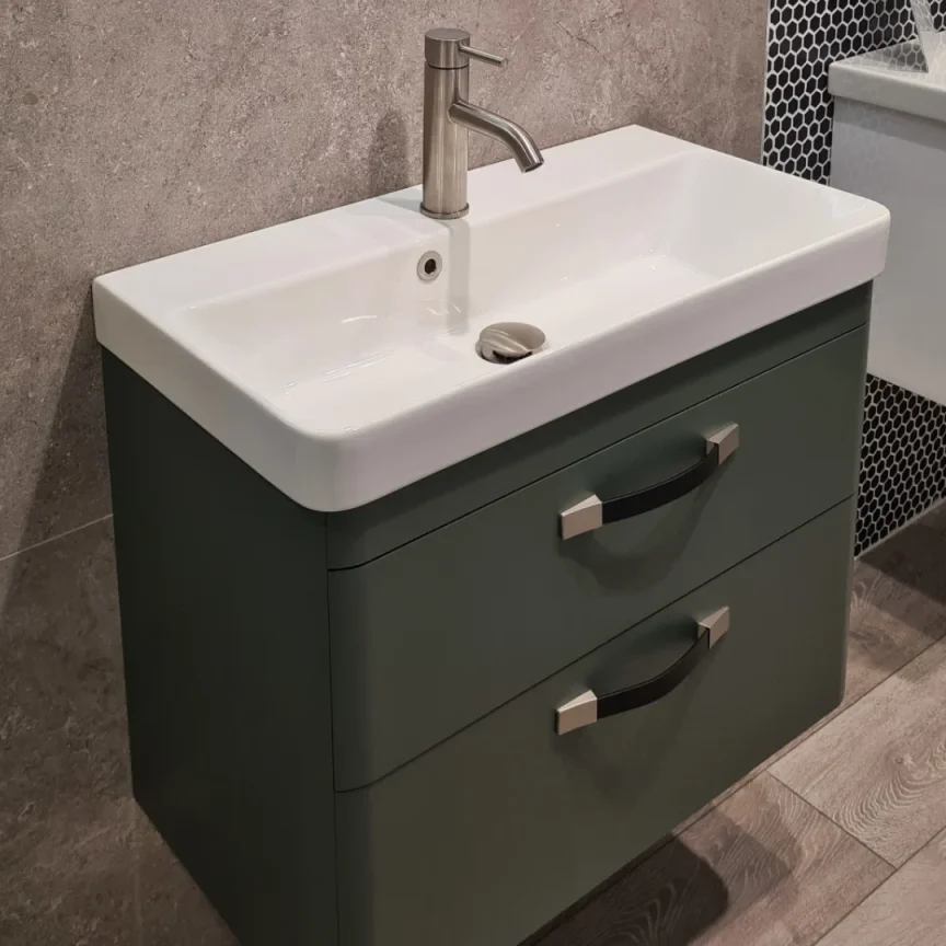 Saneux Hyde 70cm 2 Drawer Wall Mounted Unit - Matte Sage detail view - Image 2