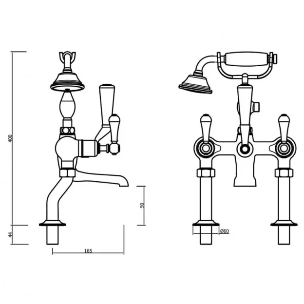Crosswater Belgravia Lever Bath Shower Mixer Deck Mounted Chrome White Lever technical drawing - Image 2