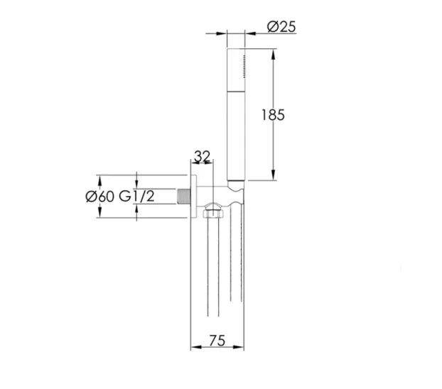 Just Taps Vos Round Water Outlet With Holder Metal Hose And Slim Hand Shower Brushed Black technical drawing - Image 2