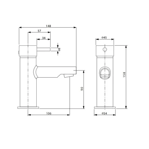 Crosswater Kai Lever Basin Monobloc No Pop-up Waste Deck Mounted Chrome technical drawing - Image 3