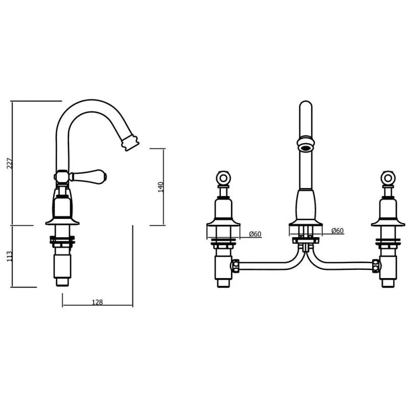 Crosswater Belgravia Lever 3 Tap Hole Basin Mixer With Waste Deck Mounted Chrome White Lever technical drawing - Image 3