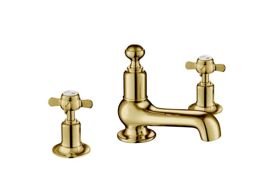 Just Taps Grosvenor Pinch Three Hole Deck Mounted Basin Mixer Tap Gold PVD product image - Image 1