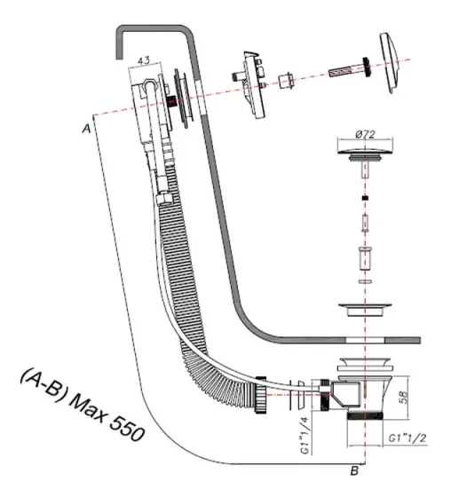 Crosswater Bath Extended Pop Up Waste With Filler 100cm Chrome technical drawing - Image 4