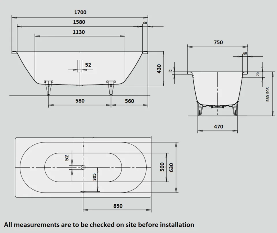Kaldewei Classic Duo 1700 X 750mm No Tap Holes Bath (excl. Feet) detail view - Image 3