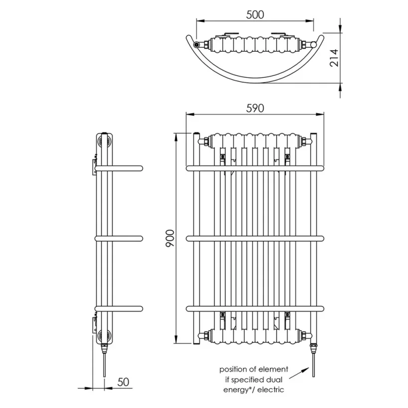 Vogue Nexus Grand IV Towel Radiator Dual Energy - Chrome 900X590 technical drawing - Image 3
