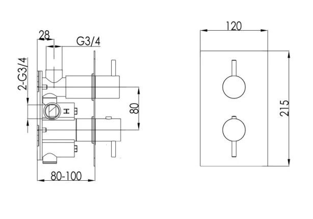 Just Taps Inox Thermostatic Concealed 1 Outlet Shower Valve technical drawing - Image 2