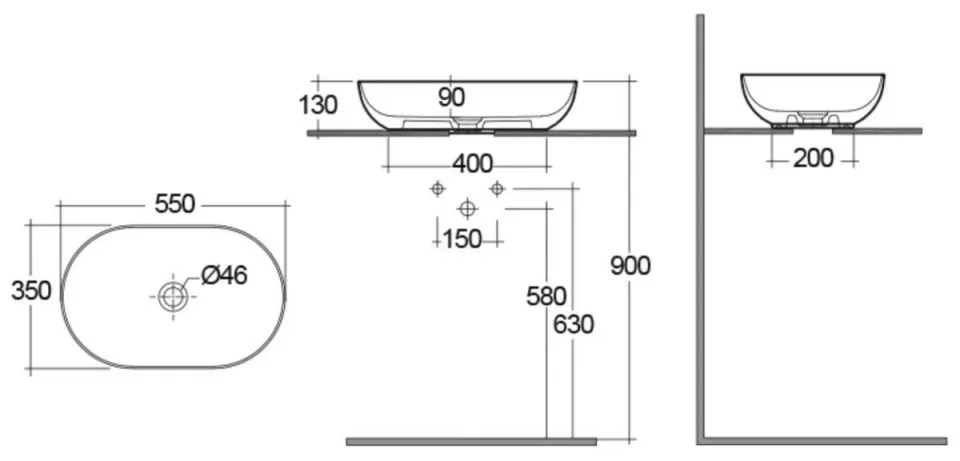 Rak Feeling 55cm Oval Counter Top Wash Basin technical drawing - Image 2